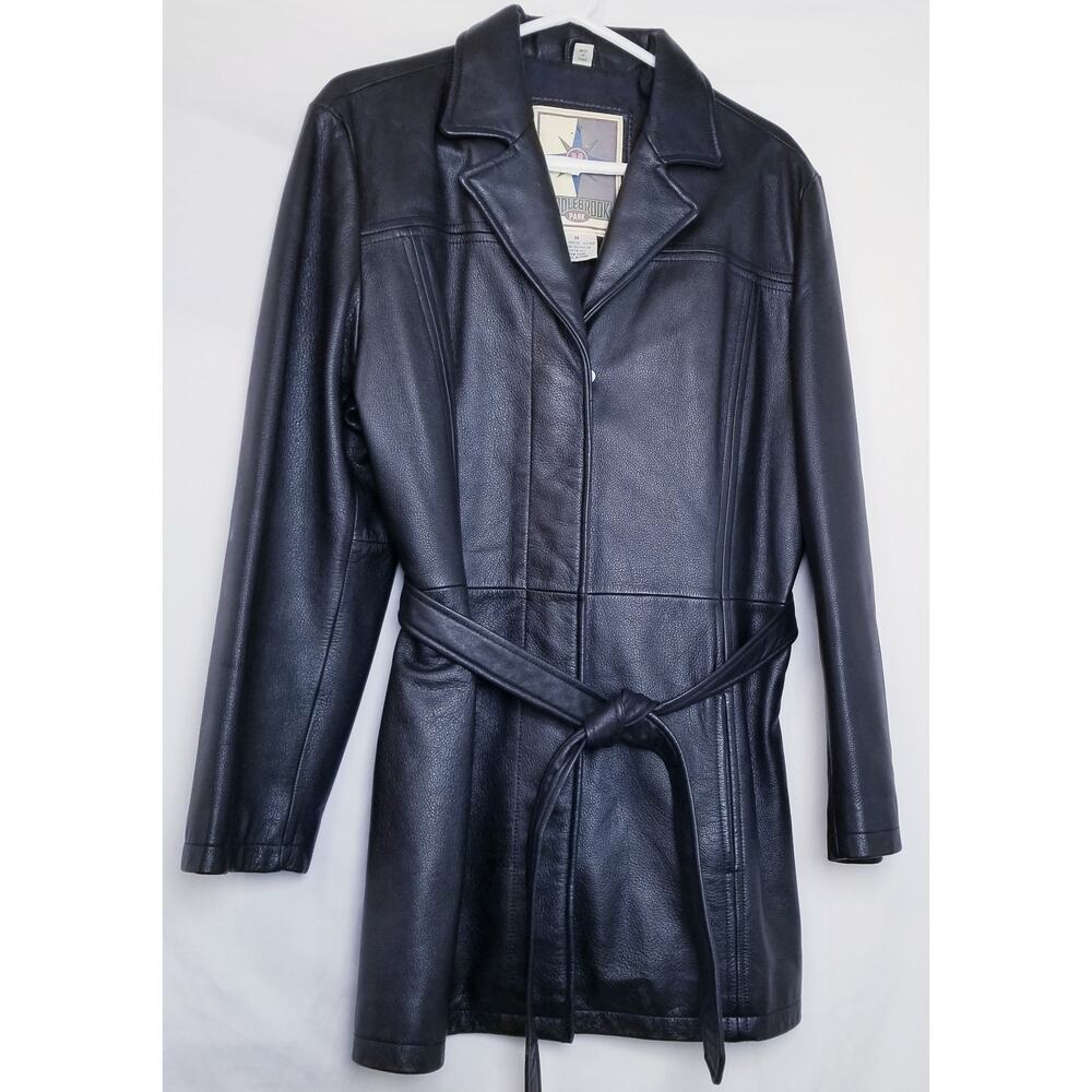 Middlebrook Park Black Mid Length Zip/Snap Front Waist Tie Leather Coat Size M
